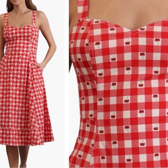 Avec Les Filles Red Gingham Cherry Pie Sweetheart Neck Fit & Flare Dress Pockets - Picture 2 of 16